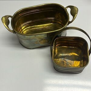 Set of Rustic Old Brass Patina Containers Decorating Receptacles Handles India